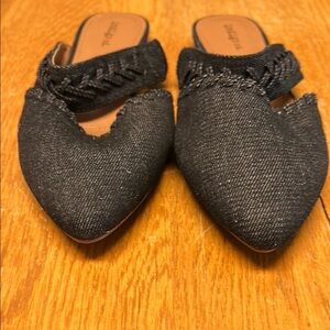 Black Mules with Textured Fabric and Lace Detail